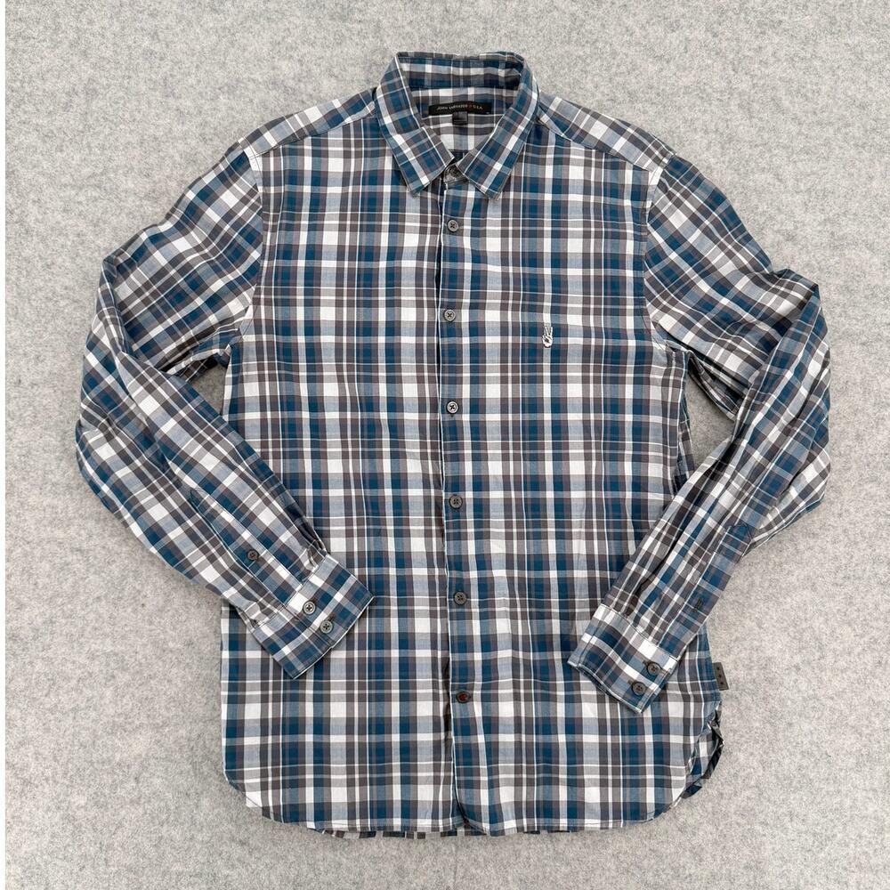 John Varvatos Blue and Gray Plaid Long Sleeve Button-Up Shirt Size Small
